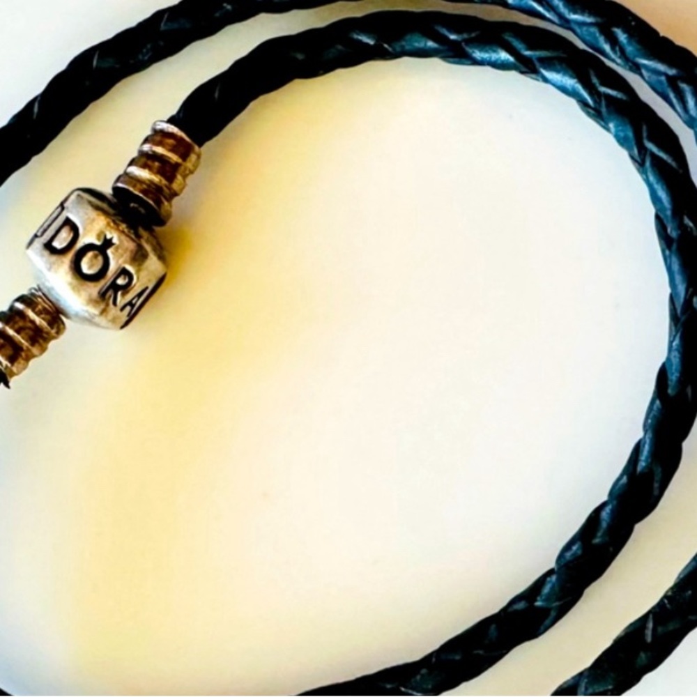 PANDORA BLACK DOUBLE WRAP BRAIDED BRACELET BARREL CLASP 18cm